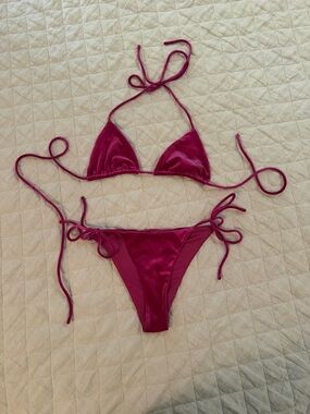Superdown Velvet Magenta String Triangle Bikini Set